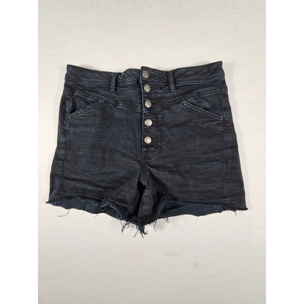 American Eagle High Waisted Button Fly Denim Shorts Black Frayed Hem Womens